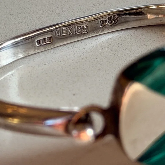 Vintage TAXCO 925 Sterling Silver Malachite Hinged Bangle Bracelet RARE Unique - Picture 7 of 8